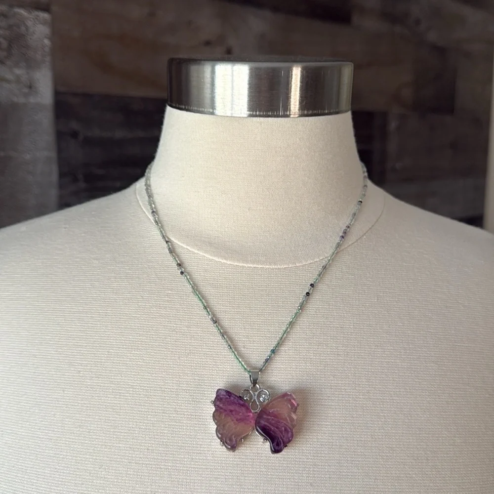 Handmade fluorite gemstone beaded necklace butterfly 18 inch elegant festival